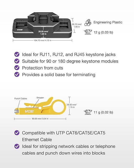 VCE RJ45 Cat6 Keystone Jacks UL Listed 50-Pack, UTP Ethernet Keystone Jacks with Keystone Punch Down Stand Tool and Wire Stripper Cutter, Blue