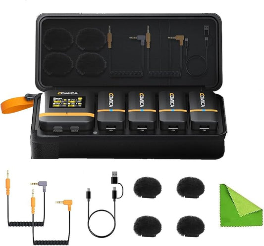 COMICA Vimo Q Four-Channel Mini Wireless Lavalier Microphone System with 4 Transmitters and 1 Receiver with Charging Case for Phone Video Recording Interview Youtubers Vloggers