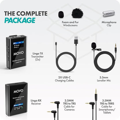 Movo Lingo-Duo 48-Channel UHF Wireless Lavalier Microphone System for Camera - Lav Mic Compatible with Canon, Nikon, and Sony DSLR Cameras - for Filmmaking, Vlogging, Interviews, Content Creation