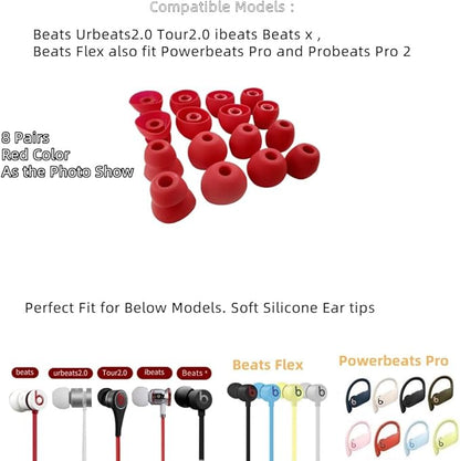 Replacement Ear Tips for Beats Urbeats2.0 Tour2.0 ibeats Beats x, Beats Flex Secure Fit for Powerbeats Pro Silicone Earbuds Washable Sweat-Resistant Noise Isolation 8 Pairs (Red)