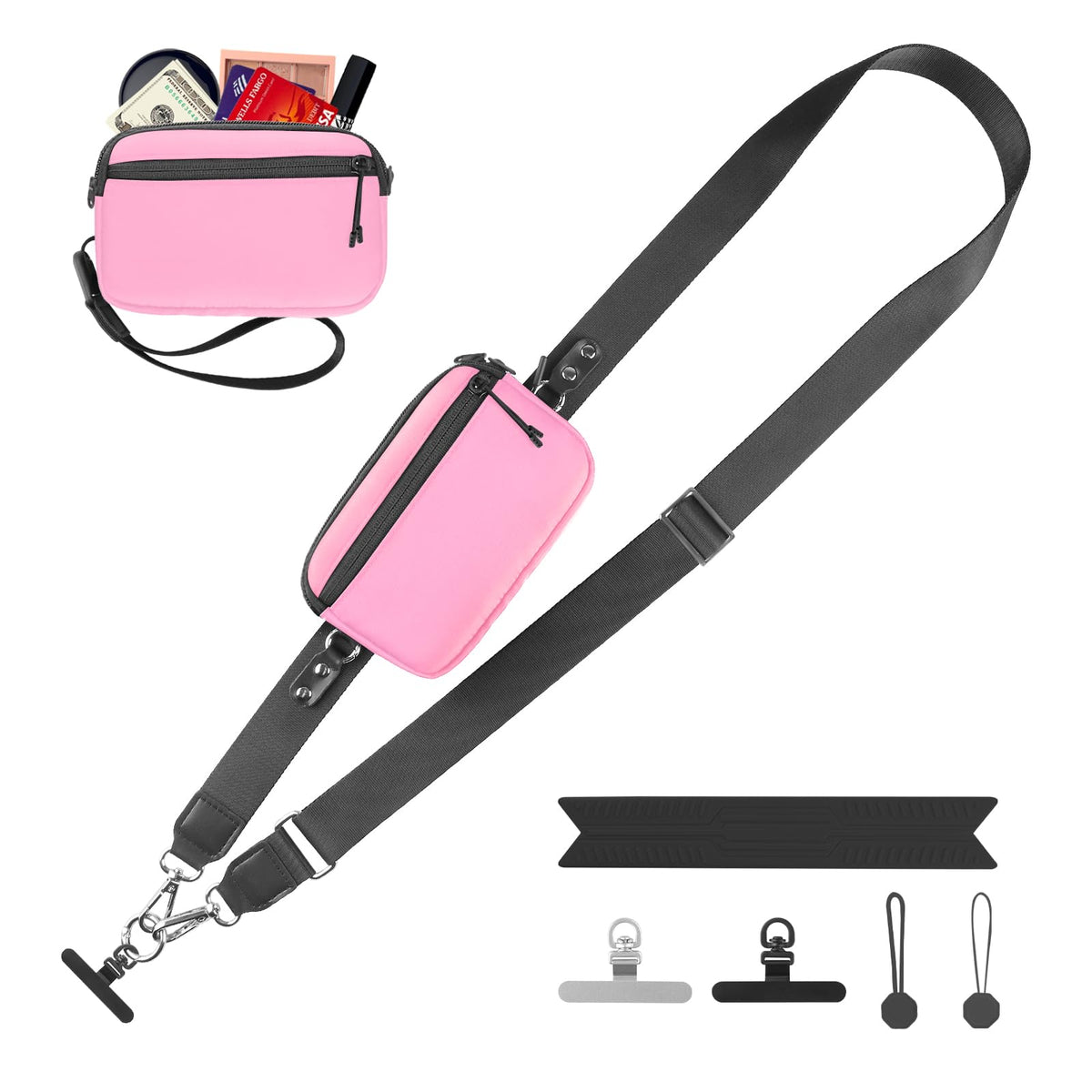YFWE Clip and Go Strap for Phone with Wallet Crossbody, Adjustable Phone Lanyard with Detachable RFID Wristlet Wallet, Phone Strap with Phone Tabs for All Phones, Black Checkered (M)