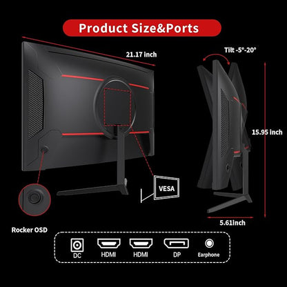 KTC 24 inch 1500R Curved Gaming Monitor 165Hz 1ms FHD 1080p VA Tilt Adaptive Sync HDR 110% sRGB DP/HDMI,VESA for Gaming Home Office Business PS5 PC Monitors