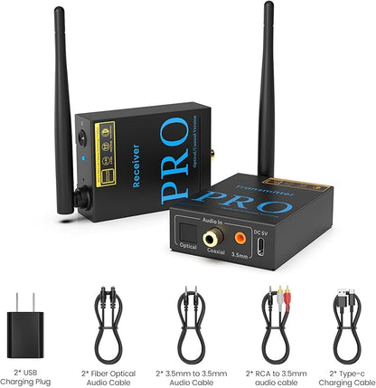 1Mii 2.4GHz Wireless Audio Transmitter and Receiver, HiFi Audio, 20ms Low Latency, 320ft Long Range Wireless Subwoofer Kit for Speaker/Stereo/Soundbar,Optical/Coaxial/3.5mm(RCA) Ports.