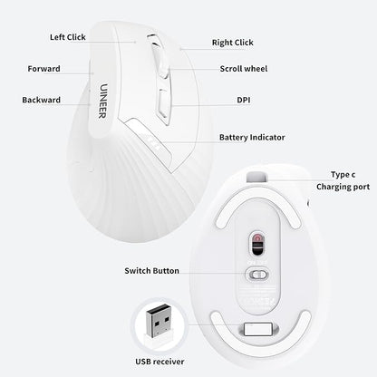 Vertical Mouse Wireless, 2.4G Rechargeable Mouse with Battery Indicator,4 Level DPI,Ergonomic Design for Comfort and Reduced Wrist Strain, Ideal for Home,Office Use (White)