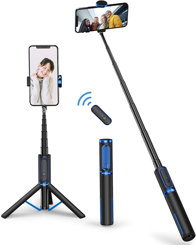 ATUMTEK Selfie Stick Tripod, Extendable 3 in 1 Aluminum Bluetooth Selfie Stick with Wireless Remote and Tripod Stand for iPhone 15/14/13/12/11/11 Pro/XS Max/XS/XR/X/8/7, Samsung Smartphones, Blue