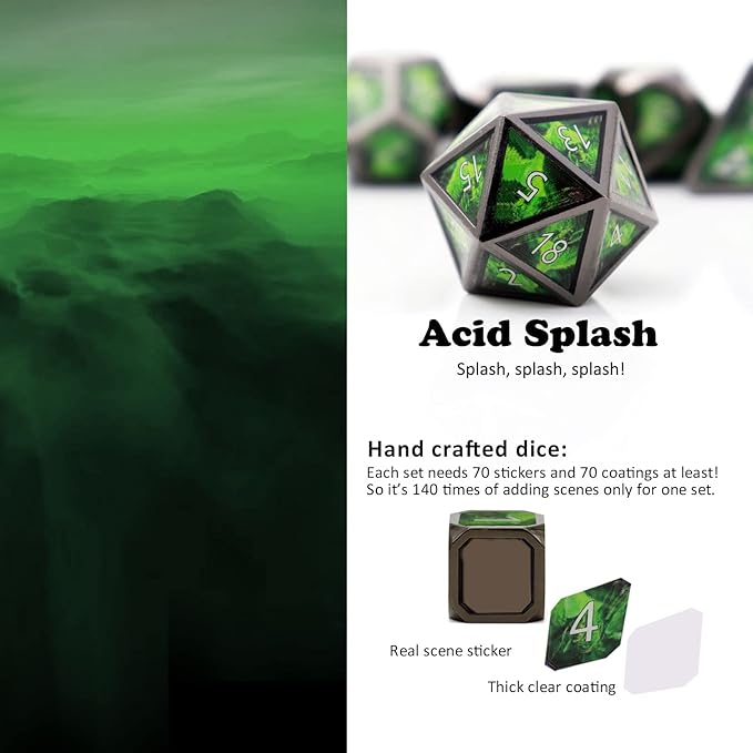 Haxtec Metal Dice Set D&D Acid Splash Real Scene Black Green Polyhedral DND Dice W/PU Leather Dragon Eye Dice Bag for TTRPG Compatible with Dungeons and Dragons Gifts