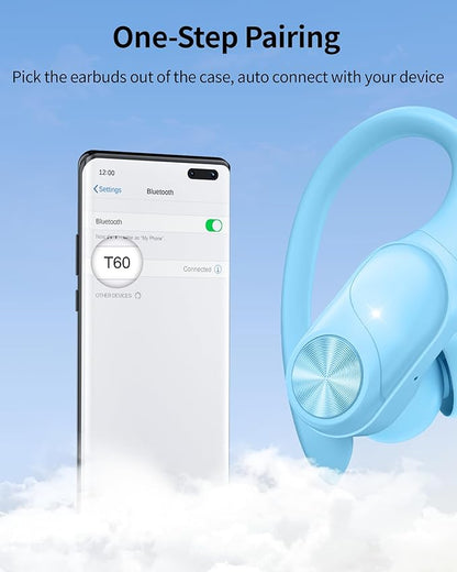 PocBuds Bluetooth Headphones Wireless Earbuds 80hrs Playtime Wireless Charging Case Digital Display Sports Ear Buds with Earhook Deep Bass IPX7 Waterproof Over-Ear Earphones for TV Phone Laptop Blue