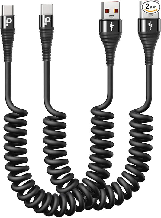 USB C Cable Fast Charging, 2Pack 3ft Coiled USB A to USB C Charge Cable for Car, USB-C Charging Cord Compatible with iPhone 16/15/Pro Max/Plus/Samsung Galaxy S20 S10 and More Type C Devices-Black