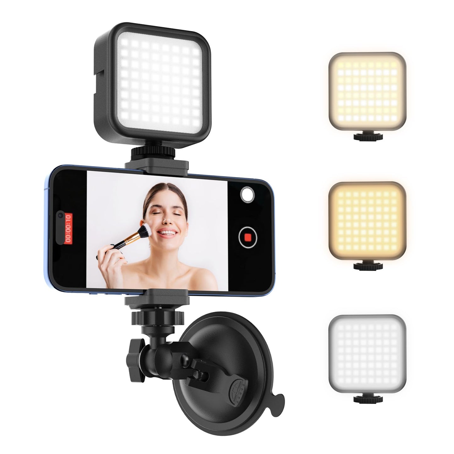 HzTinT Suction Cup Phone Mount with Rechargeable Light, Mirror Phone Holder with Light Shower Bathroom Kitchen, Mirror Tripod for TikTok YouTube Instagram Make Up Pics Video Content Creator