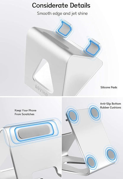 Cell Phone Stand for Desk, Desktop Phone Holder, Aluminum Mobile Phone Stand for iPhone 15 14 13 12 pro Mini 11 X Xr Xs max 8 7 6 6s Plus Samsung Galaxy S21 Ultra All Smart Phones,Silver