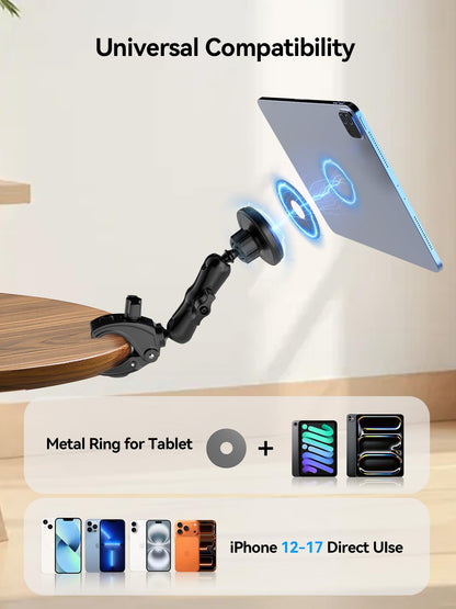 OHLPRO Magnetic Tablet Holder for Mic Stand,360° Adjustable Microphone Music Stand Phone Holder Mount,Tablet Mount Clamp for Peloton Bike,Treadmill, Stroller, Cabinet, Fits MagSafe, 5–13" Devices