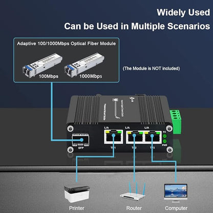 3 Port Hardened Industrial Gigabit Din Rail Switch,10/100/1000Mbps Ethernet Switch Din Rail 24V,8Gbps Switching Capacity,IP40 Rated Unmanaged Network Switch(-40~80°C)