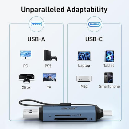 Acer SD Card Reader USB C, Dual Slots USB 3.0 Type C to Micro SD Card Adapter, Memory Card Reader for MicroSD, SDHC, SDXC, Compatible with Laptop, PC, iPhone16/15, MacBook, iPad Pro, Android-Midnight