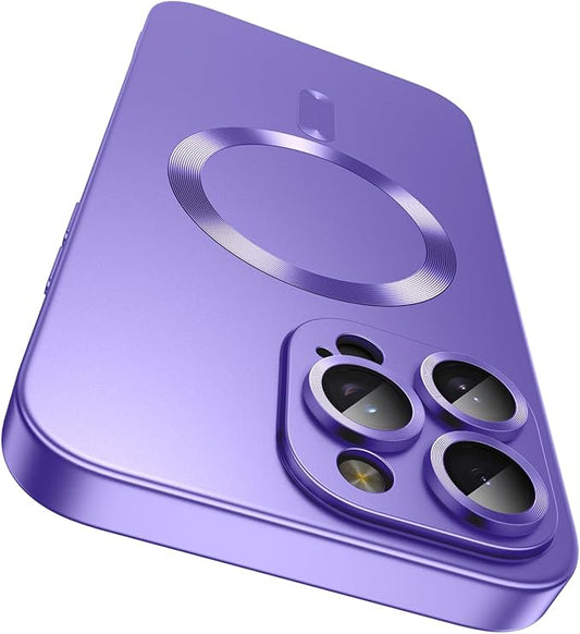 Magnetic for iPhone 15 Pro Max Case [Compatible with MagSafe][Built-in Camera Lens Protector] Slim Soft Silicone Bumper Shockproof Metallic Luster Phone Case (Purple)
