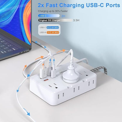 Surge Protector Power Strip 5 Ft Cord, Ultra Thin Flat Extension Cord with 6 Outlets 4 USB Ports(2 USB C), Flat Plug Power Strip, Braided Power Cord for College Dorm Room Essentials