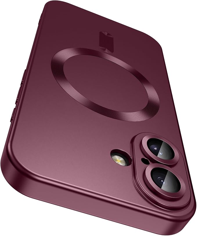 LEKEVO Magnetic for iPhone 16 Plus Case [Compatible with MagSafe][Built-in Camera Lens Protector] Slim Soft Silicone Bumper Shockproof Metallic Luster Phone Case (Burgundy)