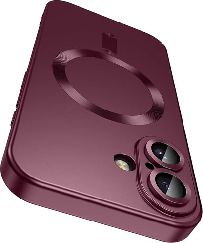 LEKEVO Magnetic for iPhone 16 Plus Case [Compatible with MagSafe][Built-in Camera Lens Protector] Slim Soft Silicone Bumper Shockproof Metallic Luster Phone Case (Burgundy)