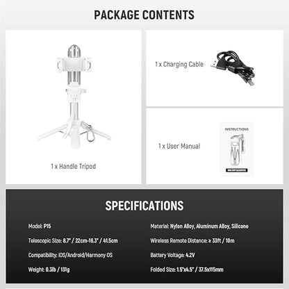 NEEWER Selfie Stick with Detachable Bluetooth Remote Shutter, Lightweight Foldable Travel Tripod for iPhone for YouTube/TikTok Vlogs Live Streaming Photography, White, P15