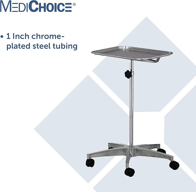 MediChoice Mobile Instrument Stand Steel Portable Adjustable Tray Medical Dental Salon Tattoo Esthetician Mobile Service Cart Table Statio Height from 31-50 Inch MAYO02000