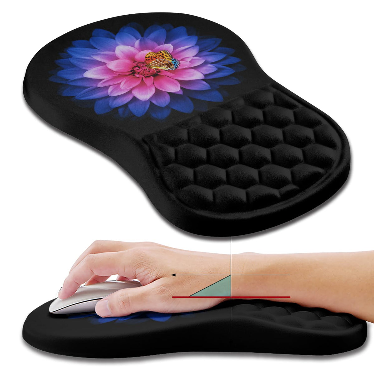 Hokafenle Ergonomic Mouse Pad Wrist Support, Wrist Rest Mousepad for Carpal Tunnel Pain Relief with Integrated Memory Foam Slope Massage Bulge (11.8x7.9 inch,Cute Floral