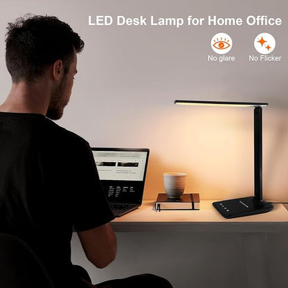 karidi LED Desk Lamp Dimmable Table Lamp with USB Charging Port, 5 Lighting Modes, Sensitive Control, Foldable Portable Desk Light for Home Office Bedroom Reading (Black, Standard Size - 13.3 inch)