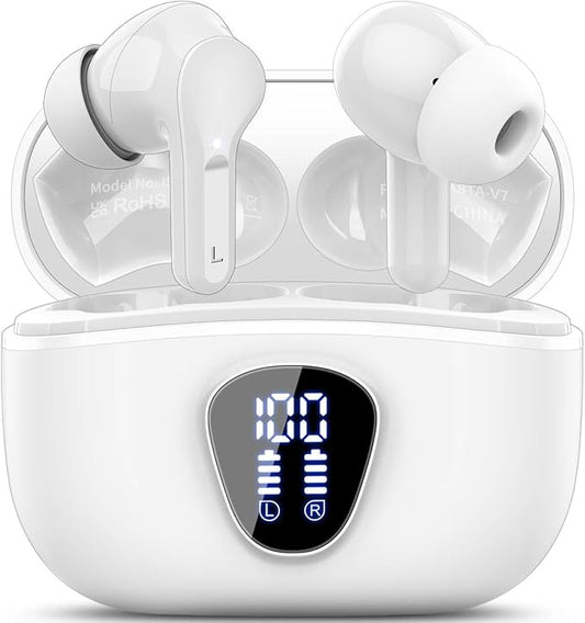 Wireless Earbuds, Bluetooth 5.4 Headphones HiFi Stereo, Bluetooth Earbuds with ENC Noise Cancelling Mic, IP7 Waterproof in Ear Earphones, 48H, LED Display Ear buds for Pad Workout Sports, White Purple