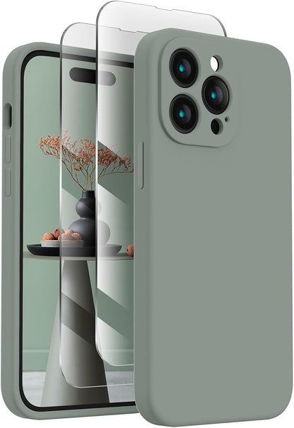 FireNova for iPhone 14 Pro Case, Silicone Upgraded [Camera Protection] Phone Case with [2 Screen Protectors], Soft Anti-Scratch Microfiber Lining Inside, 6.1 inch, Calke Green