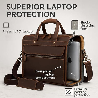 Luxorro Full Grain Leather Briefcase for Men, Top Choice Gifts, Handcrafted Laptop Bag with Multiple Compartments and Brass Hardware, Fits 15.6 Inch Laptop