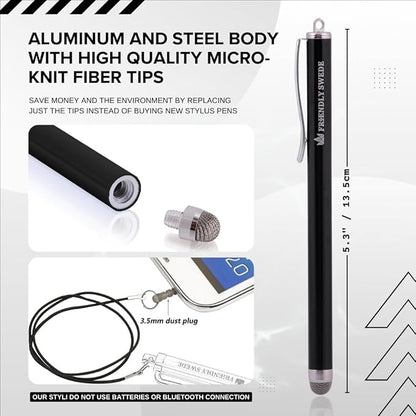The Friendly Swede Mesh Tip Stylus Pen for Touchscreen — 3-Pack Micro-Knit Capacitive Stylus Pen for iPad & iPhone with 3 Replaceable Fiber Tips, Elastic Lanyards & Screen Cleaning Cloth