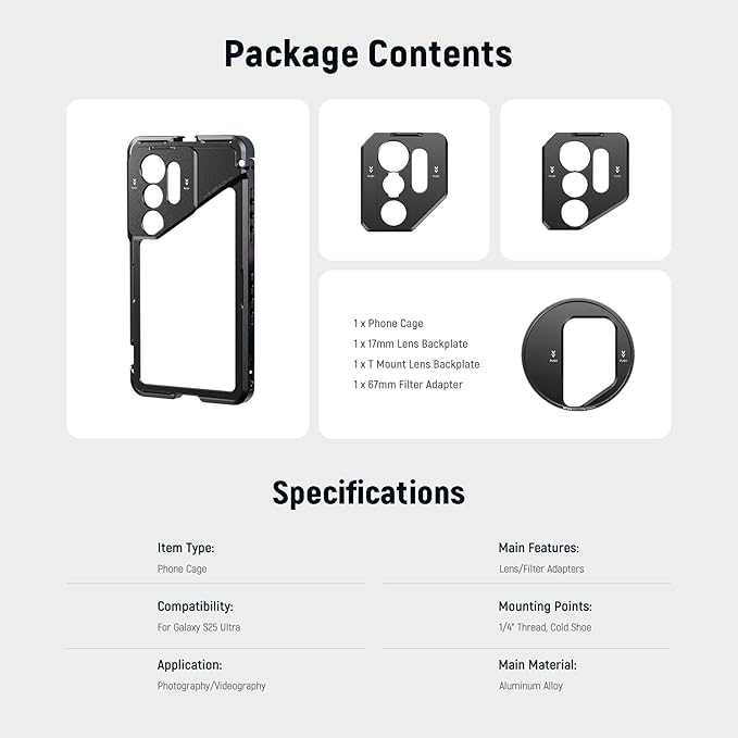 NEEWER S25 Ultra Phone Cage, Mobile Video Rig Phone Stabilizer with 67mm Filter Adapter, 17mm Lens Backplate, T Mount Lens Adapter, Compatible with Samsung Galaxy Moment T Series Lenses, PA082