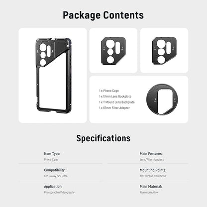 NEEWER S25 Ultra Phone Cage, Mobile Video Rig Phone Stabilizer with 67mm Filter Adapter, 17mm Lens Backplate, T Mount Lens Adapter, Compatible with Samsung Galaxy Moment T Series Lenses, PA082