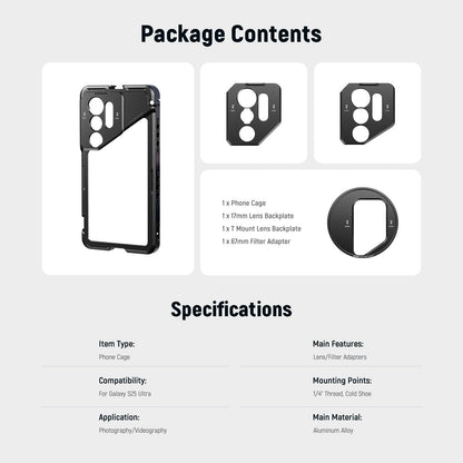 NEEWER S25 Ultra Phone Cage, Mobile Video Rig Phone Stabilizer with 67mm Filter Adapter, 17mm Lens Backplate, T Mount Lens Adapter, Compatible with Samsung Galaxy Moment T Series Lenses, PA082