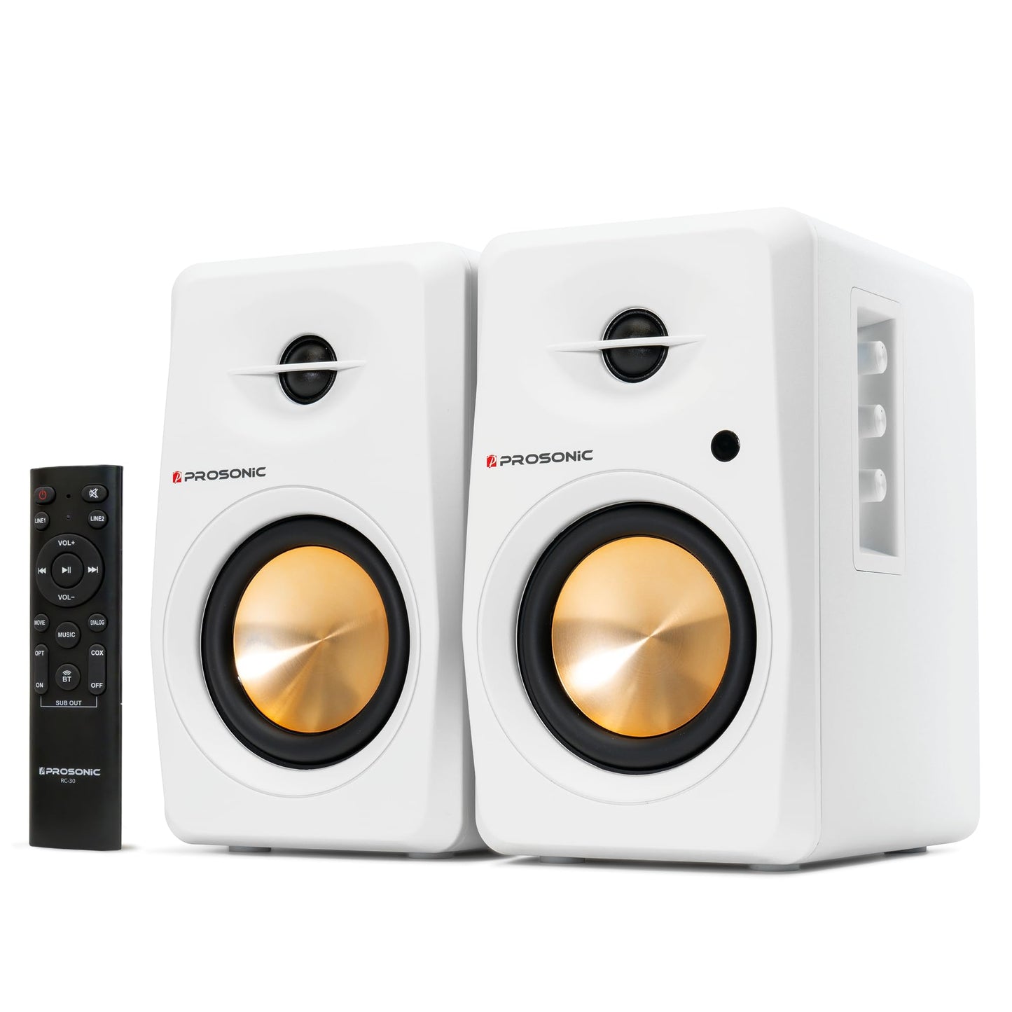Prosonic BT30 White Bookshelf Speakers - Active Bluetooth 5.3 Powered Studio Monitors, 80W Desktop Computer Audio System with Optical/Coaxial/Aux for Turntable, Home Theater, TV & PC