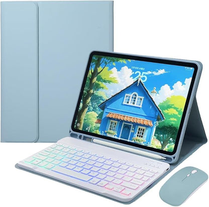 Rainbow Backlit Keyboard Case for iPad Pro 11 inch (4th/3rd/2nd/1st Gen) with Mouse and 7 Colors RGB Colorful Backlight Detachable Bluetooth Keyboard Cover,Misty Blue