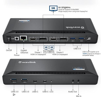WAVLINK DisplayLink Laptop Docking Station Dual 4K@60Hz(2 HDMI+2DP), 100W PD Charging Compatible with Thunderbolt 4/3, USB-C/A - M1 M2 M3 M4 Mac, Windows, Chrome, 6 USB Ports, LAN - Driver Required