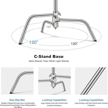 Soonpho Adjustable 10ft/3.3m Heavy Duty Light Stand with Boom Arm and Wheels,100% Stainless Steel Reflector C-Stand with Grip Head & Sandbag &Clamps,for Studio Video Reflector,Monolight,Softboxes
