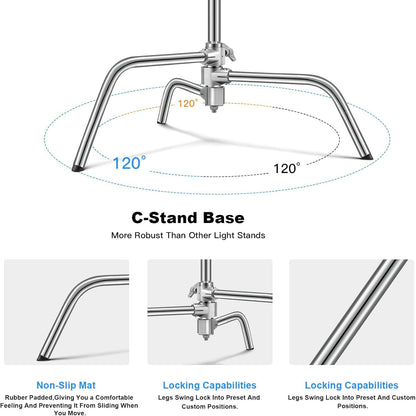 Soonpho Adjustable 10ft/3.3m Heavy Duty Light Stand with Boom Arm and Wheels,100% Stainless Steel Reflector C-Stand with Grip Head & Sandbag &Clamps,for Studio Video Reflector,Monolight,Softboxes
