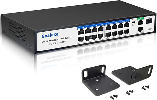 Goalake 19-Port Managed PoE Switch (16 PoE+ Ports, 2 Uplink Gigabit Ports + 1*1.25G Combo SFP Slots), 240W Built-in Power, Fanless Metal, AI Extend 250m, VLAN, QoS, Plug & Play (Wall/Rack)
