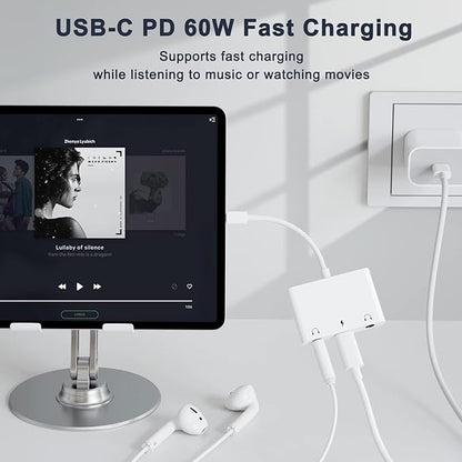 UWECAN USB C to 3.5mm Audio Adapter, 3 in 1 Aux to USB C Headphone Splitter Dual 3.5mm Audio Jack and PD 60W Fast Charging, Compatible for iPhone 15 16,Galaxy S22 S21/Note 20,Pixel 4 3 XL,Huawei,etc