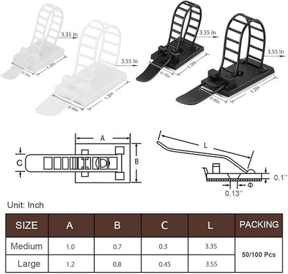 Adhesive Cable Management Clips, 100Pcs Adjustable Nylon Cable Strap Ties Wire Clips Clamps Organizer with Strong Adhesive Tape, Extra Screw & Hole for Strong Fixation Home Office - 3.35 Inch White