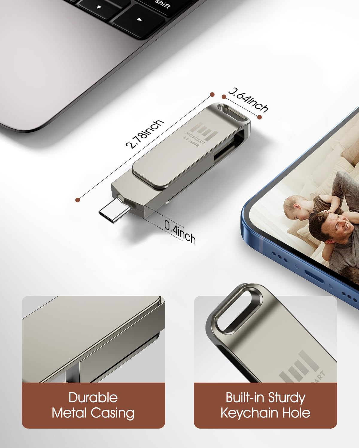 MOSDART 256GB USB C and USB A 3.2 150MB/s Swivel Dual Flash Drive, Silver