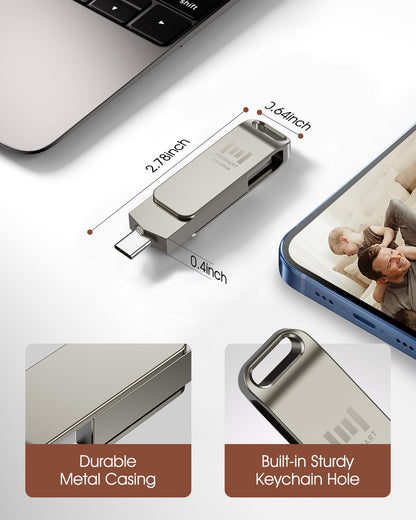 MOSDART 256GB USB C and USB A 3.2 150MB/s Swivel Dual Flash Drive, Silver