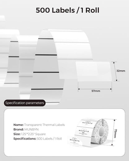 MUNBYN Clear Thermal Labels, 2.25 x 1.25 Inches, Printable Transparent Stickers for Small Businesses, DIY Logo Design, Multipurpose Waterproof Label Roll, 500 Labels/Roll