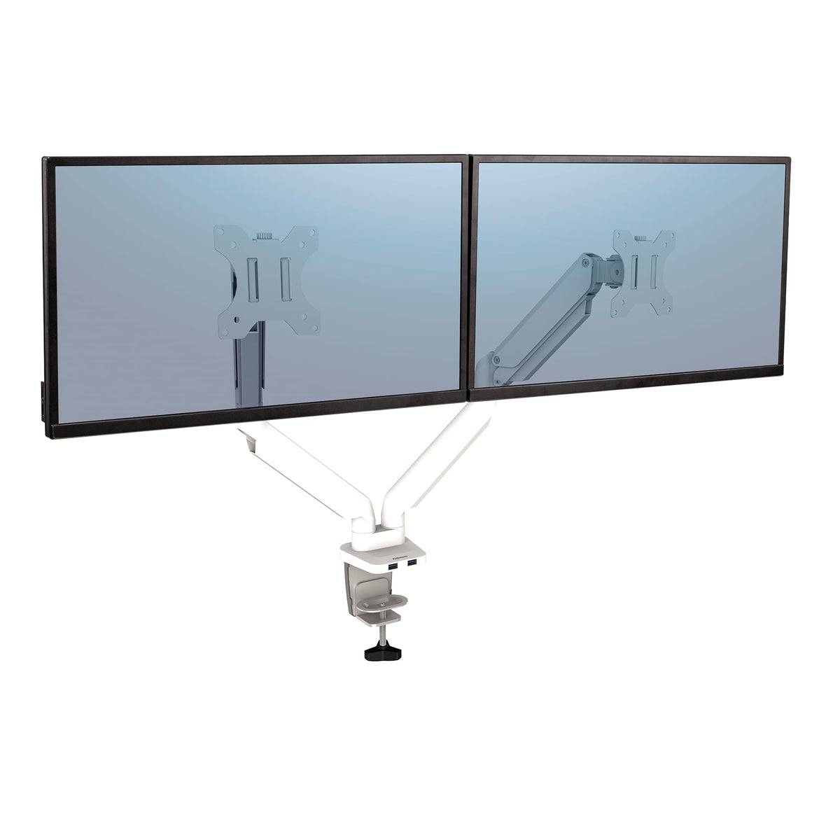 Fellowes Platinum Series Dual Monitor Arm for 40-Inch Monitors, Full Motion, 360° Rotation, VESA Mount with Grommet or Clamp, USB Ports, Ergonomic, White, 8056301