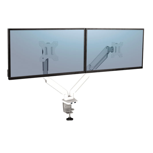 Fellowes Platinum Series Dual Monitor Arm for 40-Inch Monitors, Full Motion, 360° Rotation, VESA Mount with Grommet or Clamp, USB Ports, Ergonomic, White, 8056301