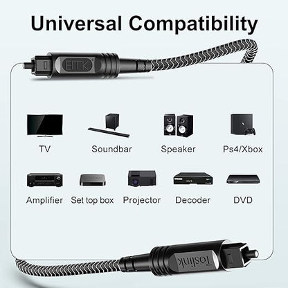 EMK Digital Optical Audio Cable [4 Feet/1.2M] - Slim Nylon Braided Toslink Fiber Optic Cable for Sound Bar, TV, Home Theater, PS4, Xbox, Blu-Ray Player & More - High-Speed SPDIF (Black1)
