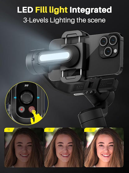 Professional Gimbal Stabilizer for Smartphone,Built-in 18CM Extension Rod and Powerful Fill Light,360°Inception,Face&Object Tracking Stabilizer,3-Axis Gimbal for iPhone& Android-Smart S2