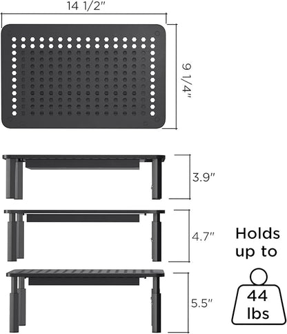 EVOOMI Back Saver Monitor Stand for Desk - 2 Pack Monitor Riser with Drawer - Gain 5 Weeks a Year, Less Pain & Peak Productivity with Anti Skid Mesh Metal Computer Stand for Laptop, Printer & iMac