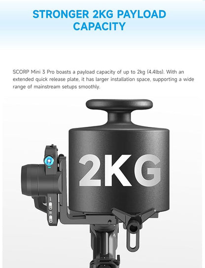 FeiyuTech SCORP Mini-3-Pro Gimbal Stabilizer for Camera Mirrorless/Compact/Action Cameras,Smartphone,18m AI Tracking,Detachable Remote Handle,4.4lbs Payload,3-axis Gimbal for Canon Sony Nikon