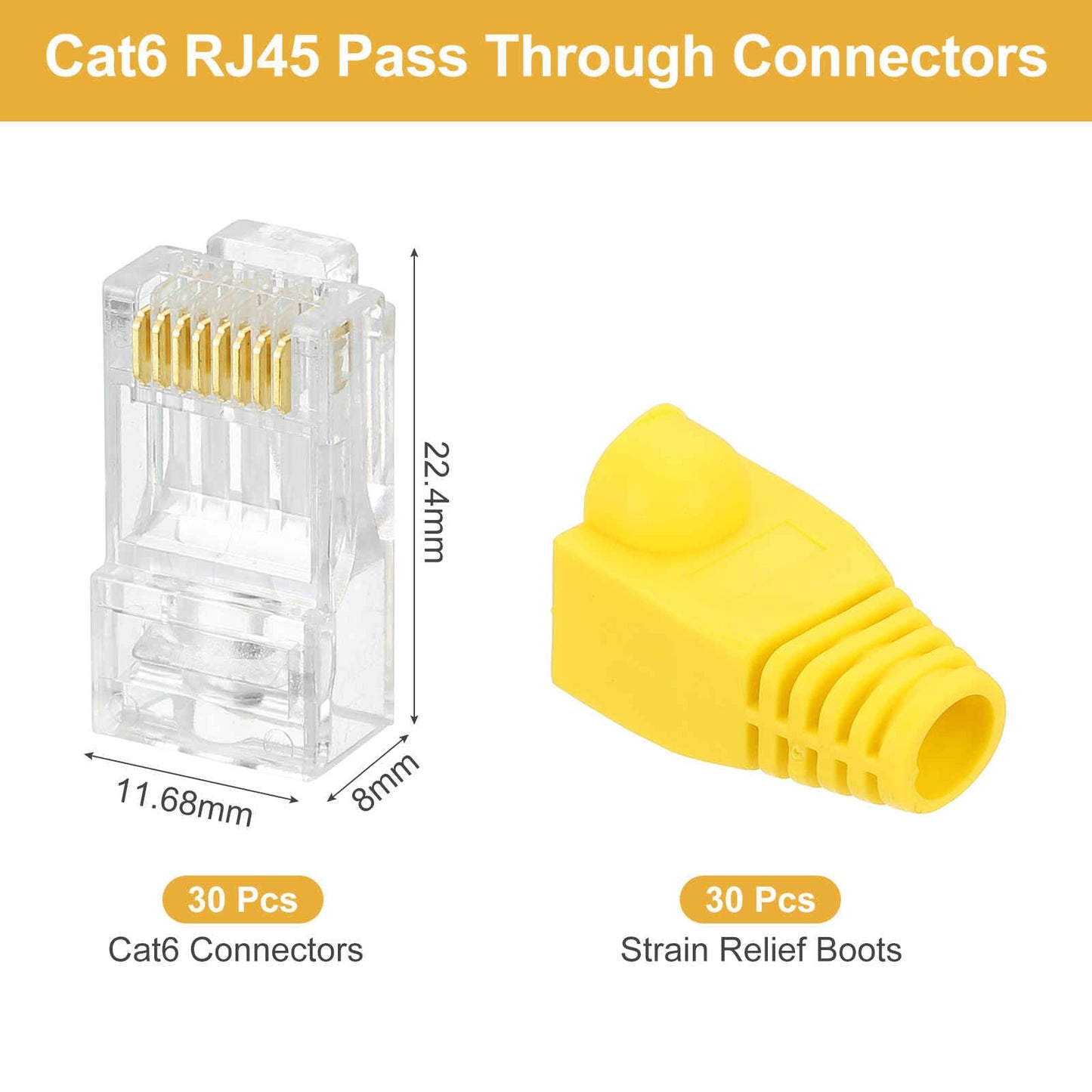 MECCANIXITY 30pcs Cat6 RJ45 Pass Through Connectors, RJ45 Connector 8P8C Gold Plated Plugs with 30pcs Yellow Strain Relief Boots for Solid or Stranded UTP Ethernet Cable, 1.1mm